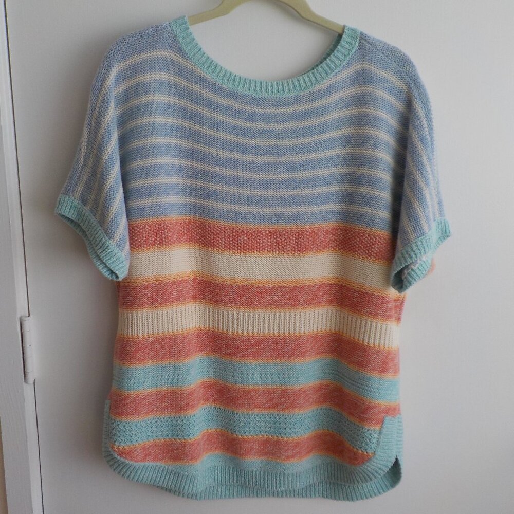 Chaps Striped Knit Short-Sleeve Sweater in Pastel Blue, Coral & Cream
